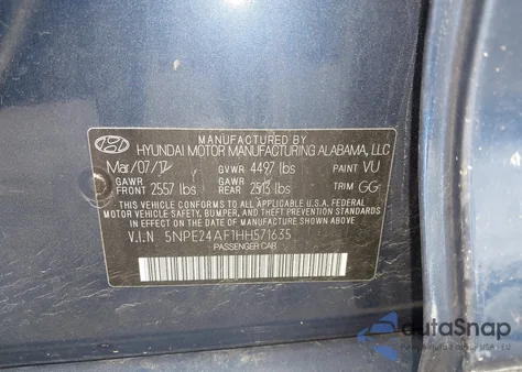 2017 Hyundai Sonata Se z USA, uszkodzony, nr VIN 5NPE24AF1HH571635